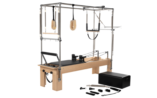 Pilates Reformer piederumu komplekts ar Sitting Box, cilpām un aprocēm.